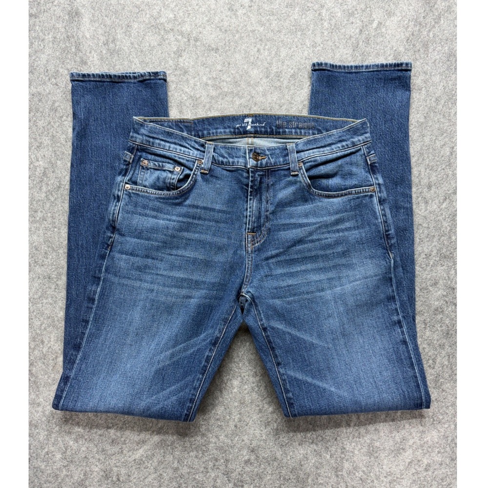 7 For All Mankind The Straight Mens Jeans Blue Wash Size 33 Whiskering